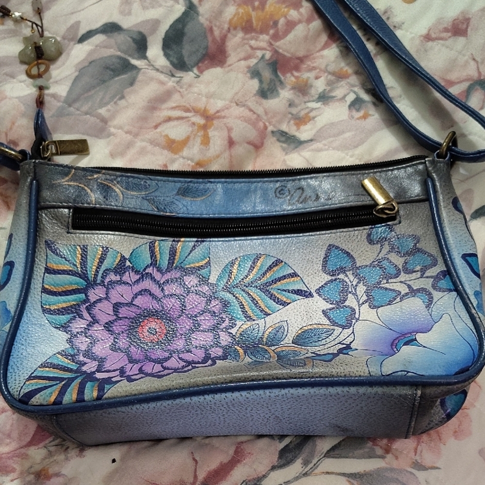 Anuschka Blue and Purple Floral Crossbody Bag
